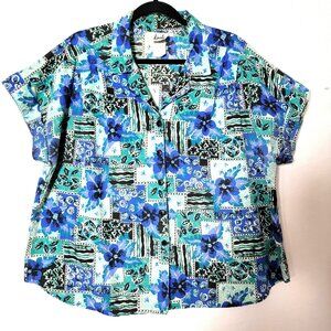 Tapestry Button Down Camp Shirt Womens Sz 20 Short Sleeve Teal Blue VTG USA